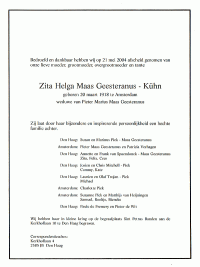 Overlijdenskaart Z.H. (Zita) MG-Kuhn (2004)